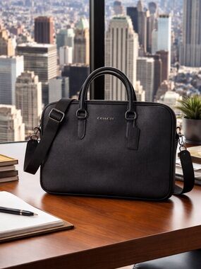 Coach Black Leather Metropolitan Slim Briefcase Laptop Bag Crossbody Strap NWT